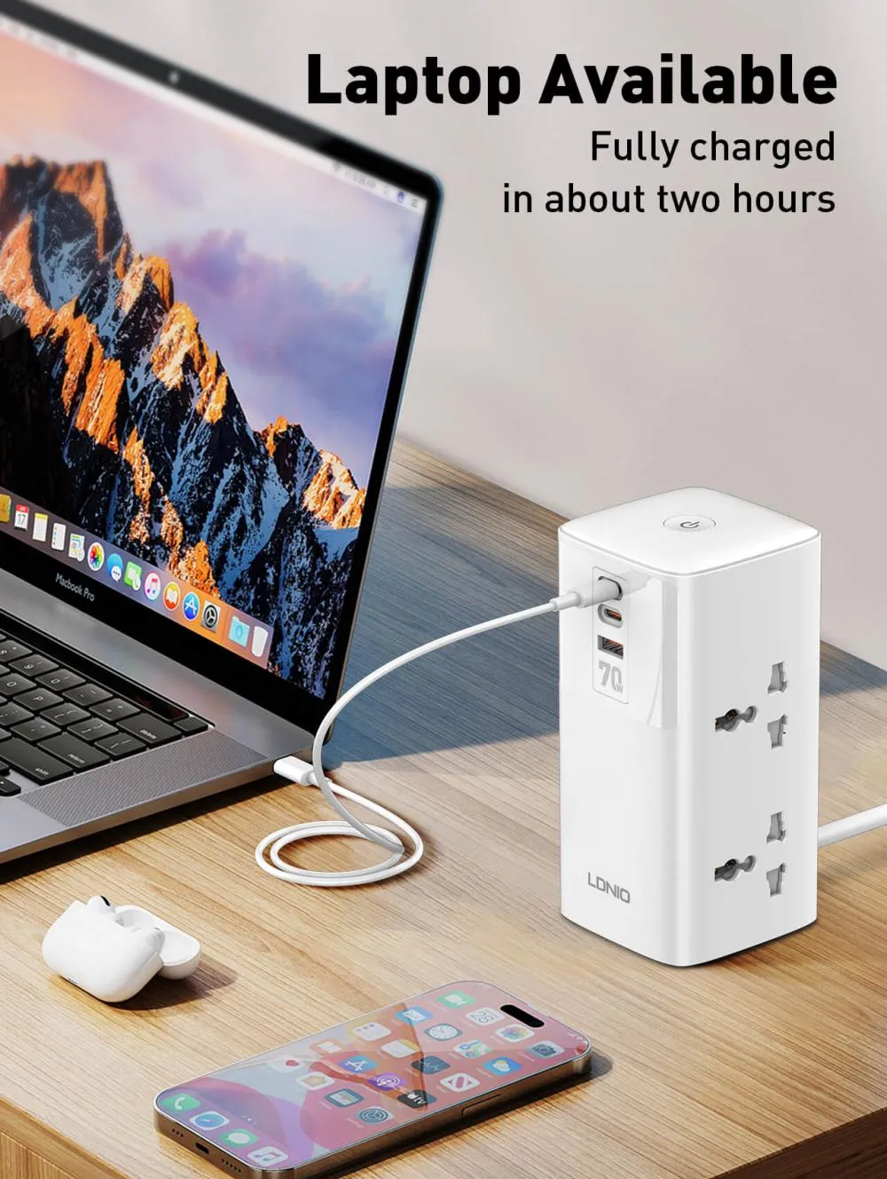 The LDNIO SC4383 70W Multifunctional Universal Desktop Power Adapter is a high-powered and versatile charging solution designed to efficiently power a wide range of electronic devices.