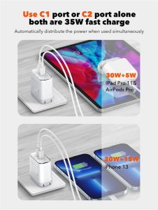 LDNIO A2528M Dual USB-C Port 35W Power Adapter With USB-C To Lightning (MFI Certified)