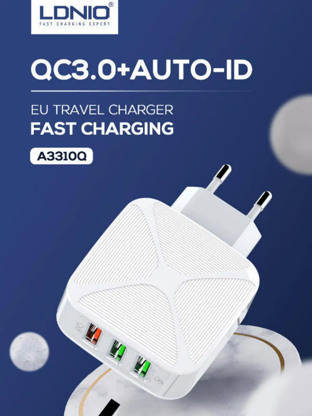 LDNIO A3310Q QC3.0 3-Port Wall Charger With Type C Micro Lightning Cable