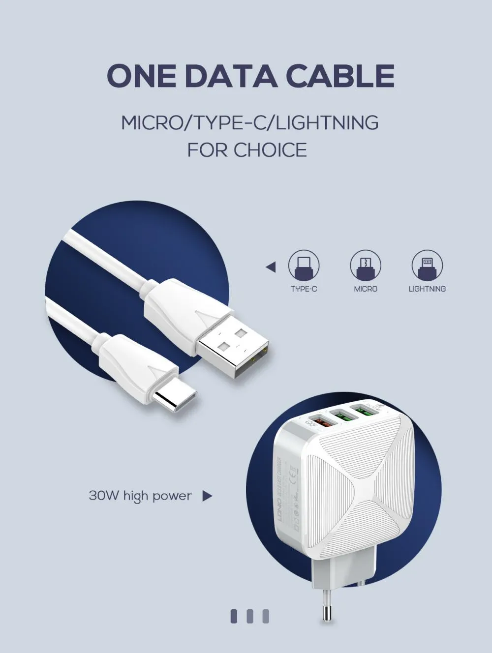 LDNIO A3310Q QC3.0 3-Port Wall Charger With Type C Micro Lightning Cable