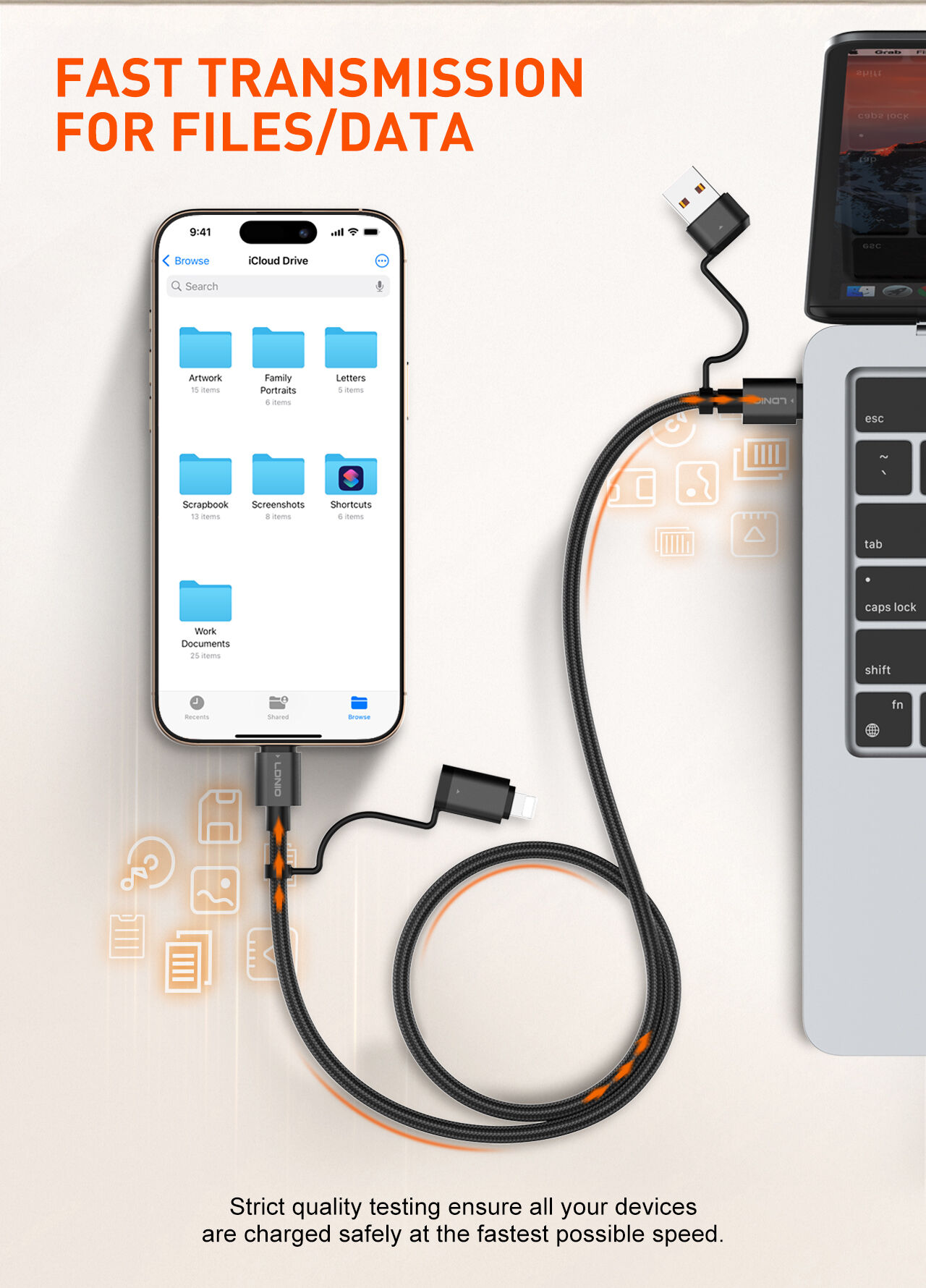 LDNIO LC16 65W 4-in-1 Fast Charging Cable USB-C /Lighting to USB-A/USB-C 1.2M