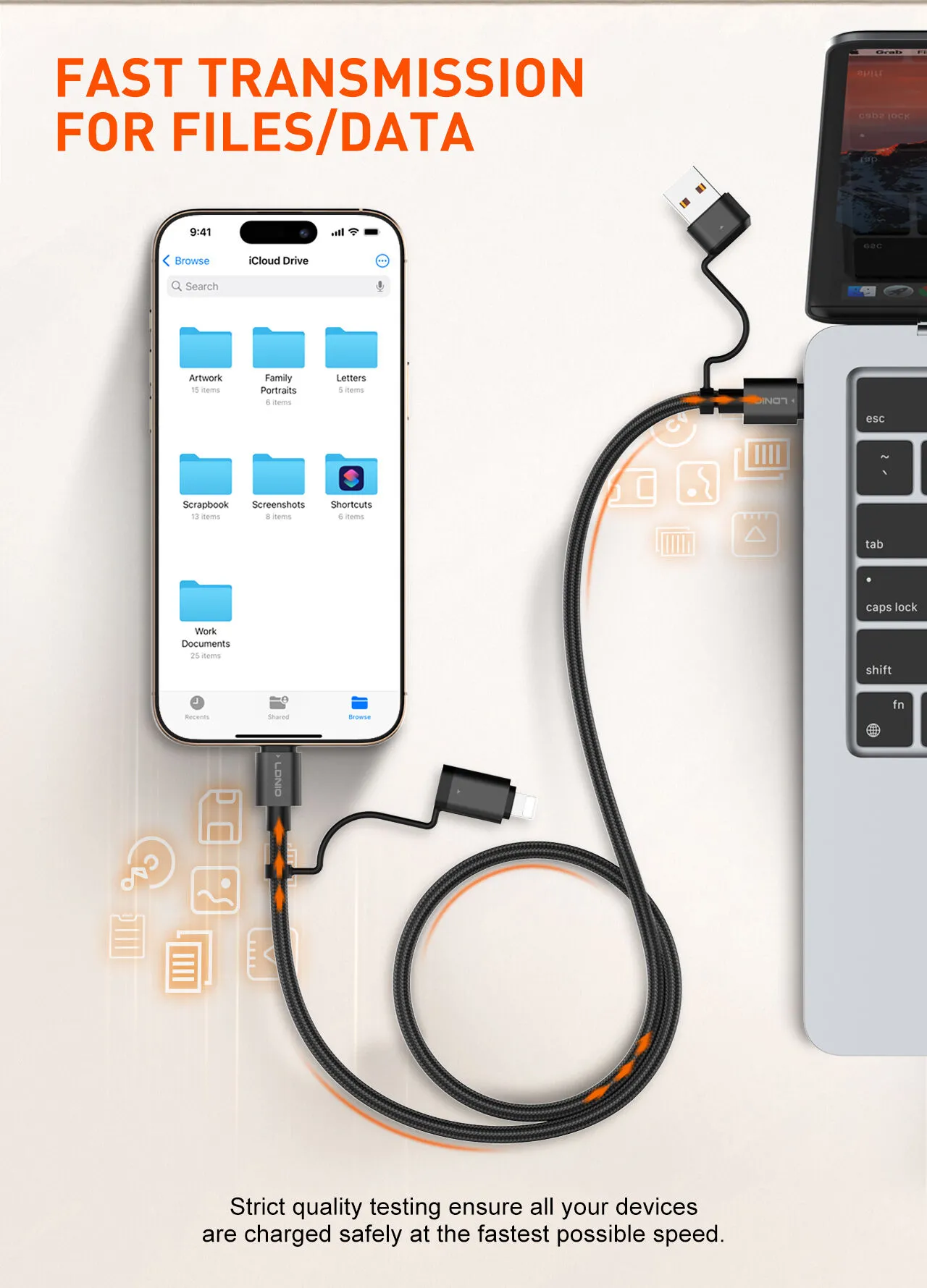 LDNIO LC16 65W 4-in-1 Fast Charging Cable USB-C /Lighting to USB-A/USB-C 1.2M