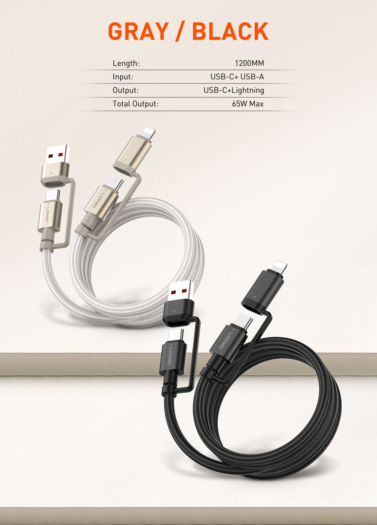 LDNIO LC16 65W 4-in-1 Fast Charging Cable USB-C /Lighting to USB-A/USB-C 1.2M