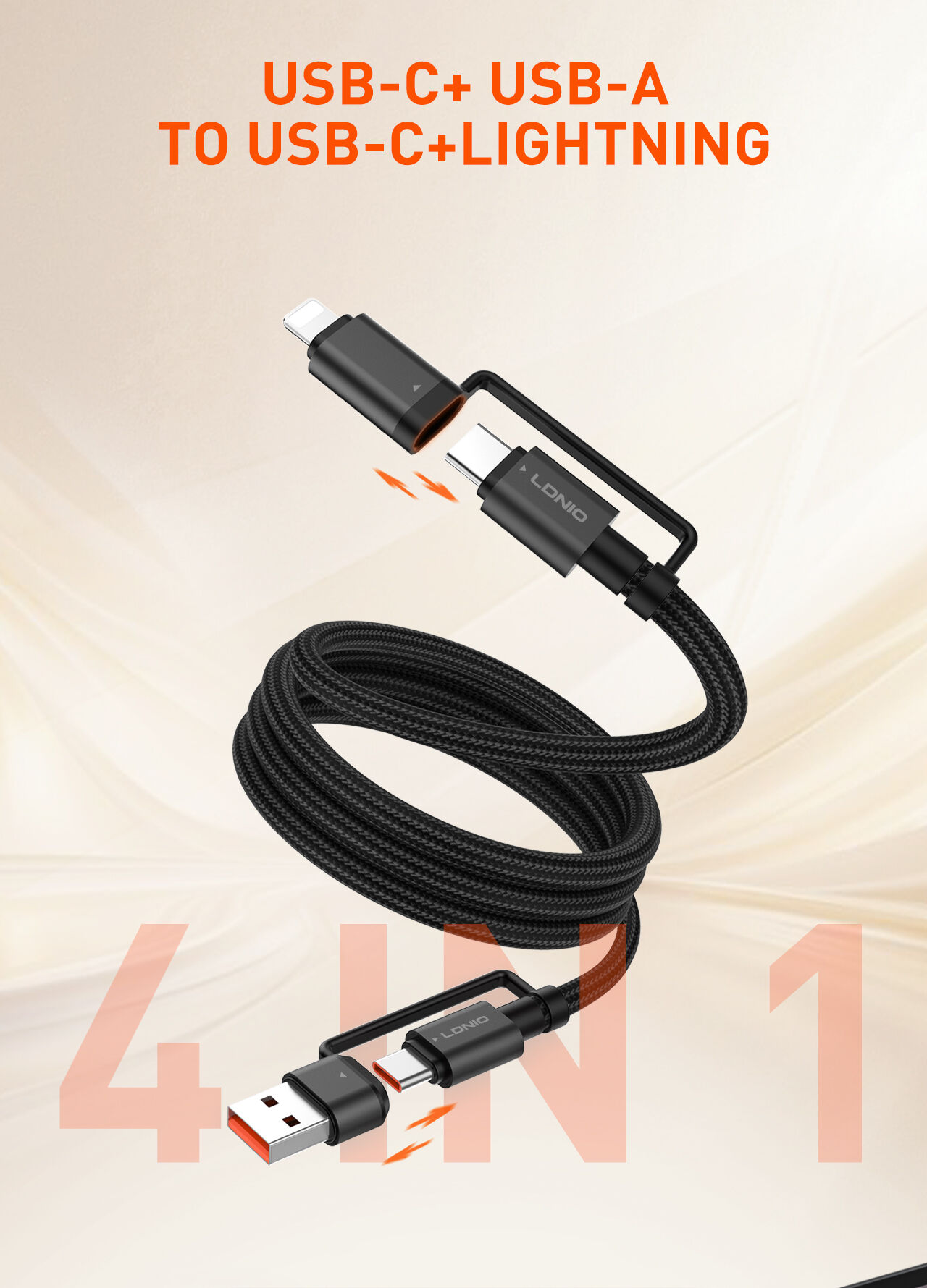 LDNIO LC16 65W 4-in-1 Fast Charging Cable USB-C /Lighting to USB-A/USB-C 1.2M