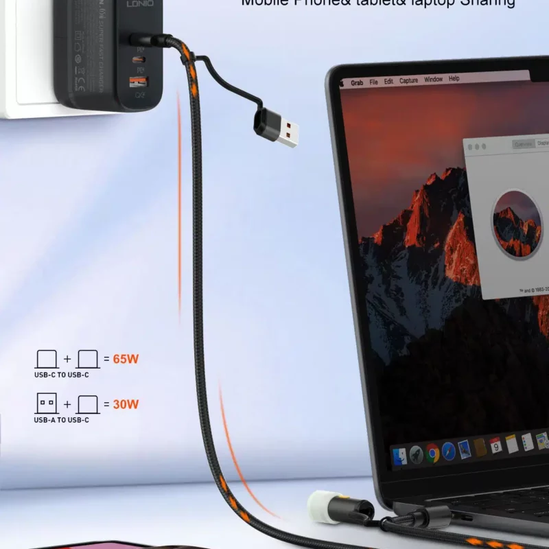 LDNIO LC17 65W 4-in-1 Fast Charging Cable (USB-A + USB-C to USB-C + Portable LED Lightning)