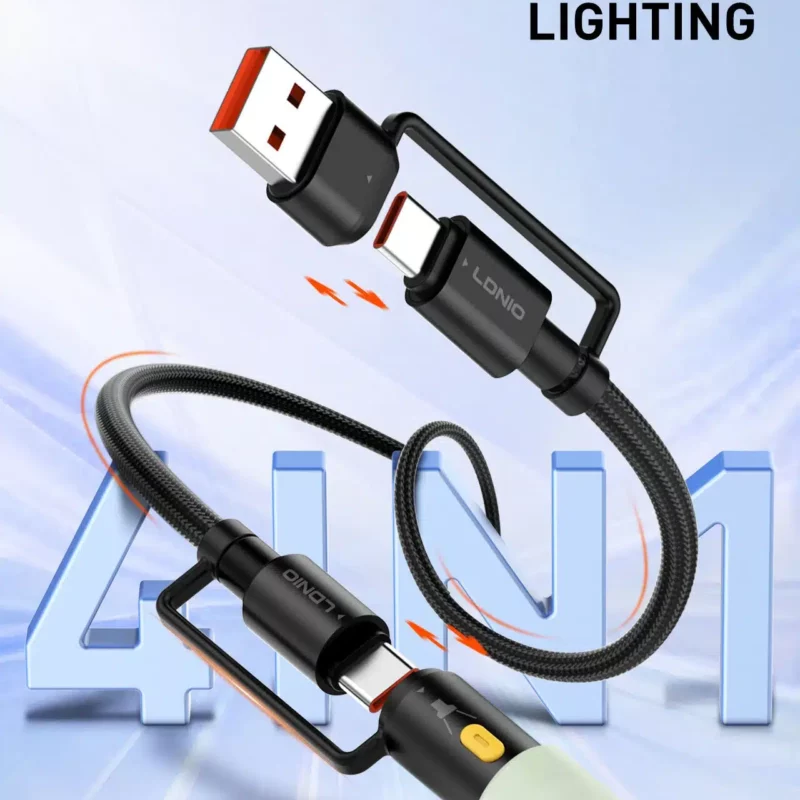 LDNIO LC17 65W 4-in-1 Fast Charging Cable (USB-A + USB-C to USB-C + Portable LED Lightning)