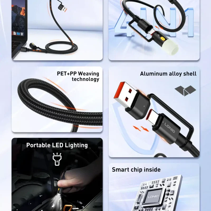 LDNIO LC17 65W 4-in-1 Fast Charging Cable (USB-A + USB-C to USB-C + Portable LED Lightning)