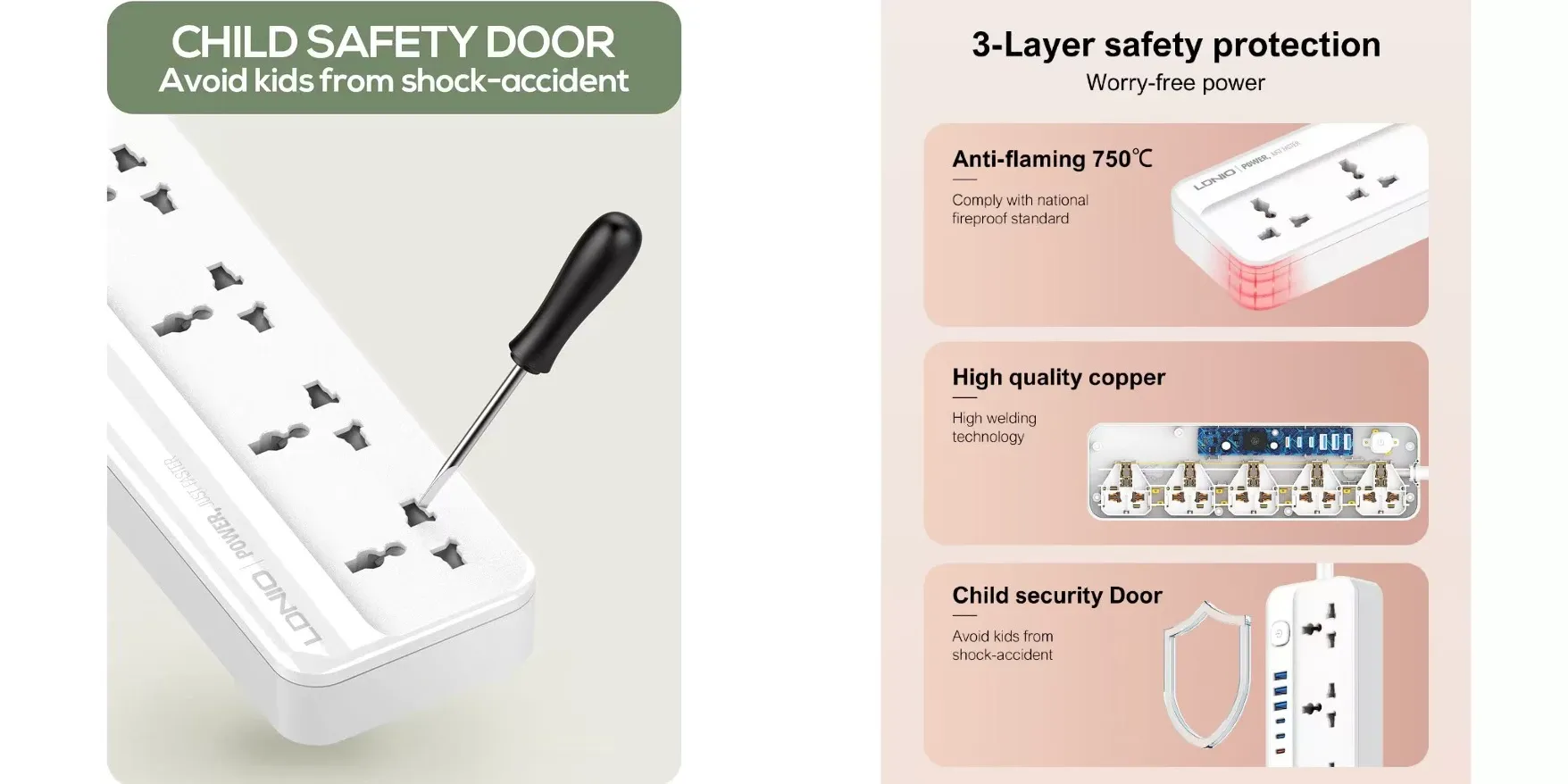 LDNIO SC5614C Surge Protected Power Strip – 2500W, 3 USB-C PD 20W, 3 USB-A Fast Charging Ports 3 LDNIO 6 USB Power Strip SC5614C smart safety chip protected extension socket