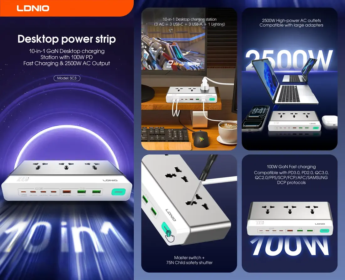 LDNIO SC3 100W GaN power strip with multiple ports for fast charging laptops phones and tablets in Bangladesh