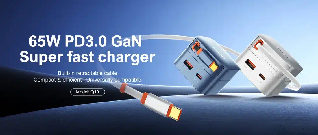 LDNIO Q10 compact GaN charger with retractable USB C cable for fast charging devices