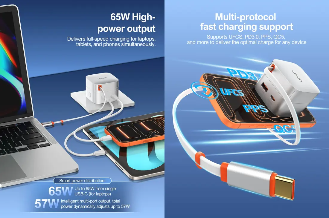 LDNIO 65W GaN Fast Charger Q10 for laptops smartphones tablets and gaming devices