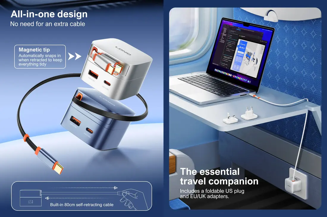PD Charger with Retractable USB-C Cable for office travel and organized charging setup
