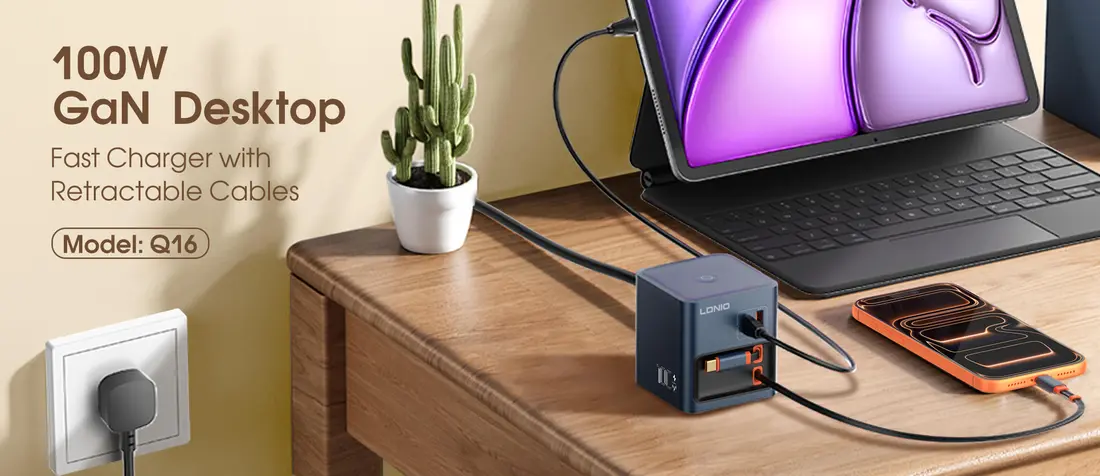 LDNIO Q16 premium desktop charging station with retractable USB C charging cables