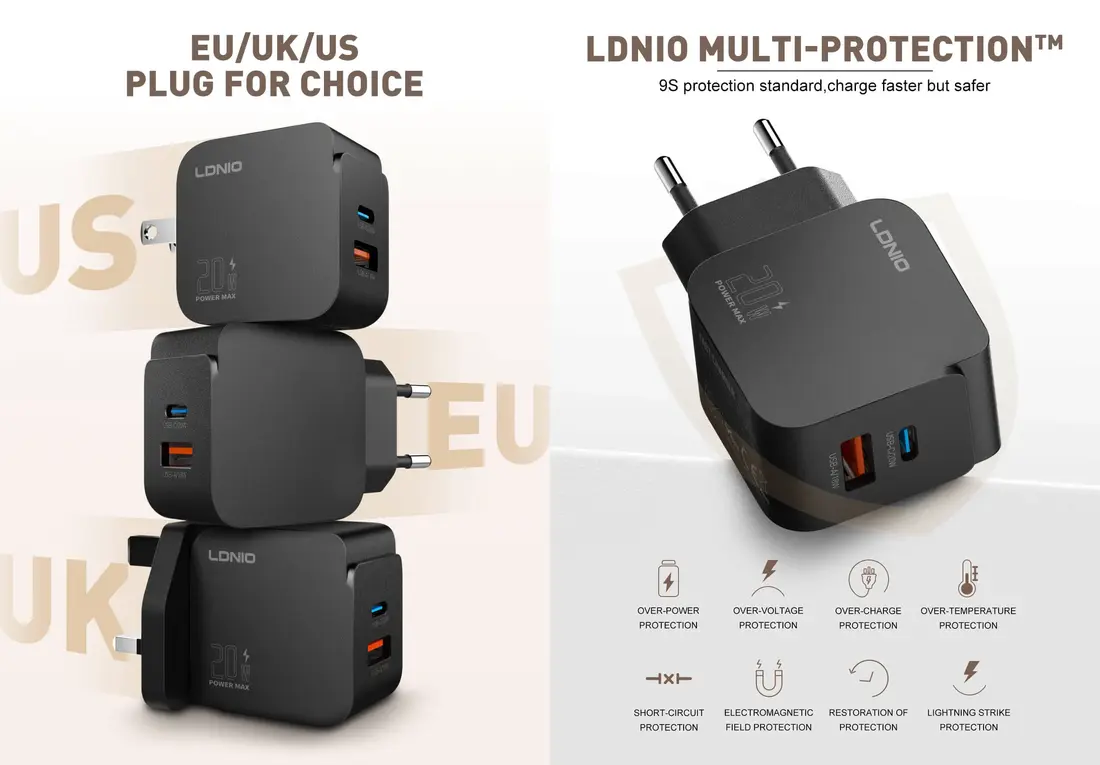 LDNIO Q1 20W USB-C & USB-A Fast Charger Travel Adapter 3 20W USB-C PD Charger for iPhone, Samsung Galaxy and Android smartphones in Bangladesh