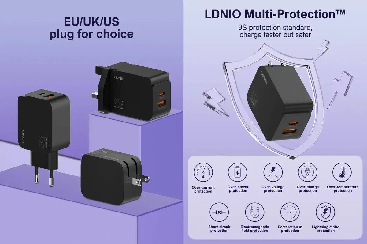 Original LDNIO Q3 45W Fast Charger with USB-C and USB-A Dual Port