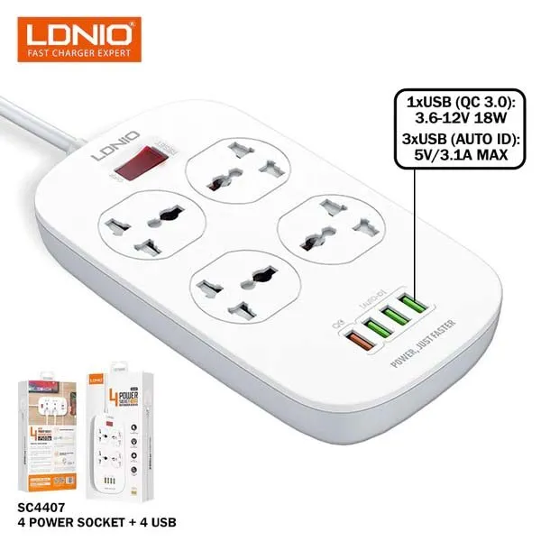 LDNIO SC4407 Power Socket 4 USB Charger with Power Extension Cord