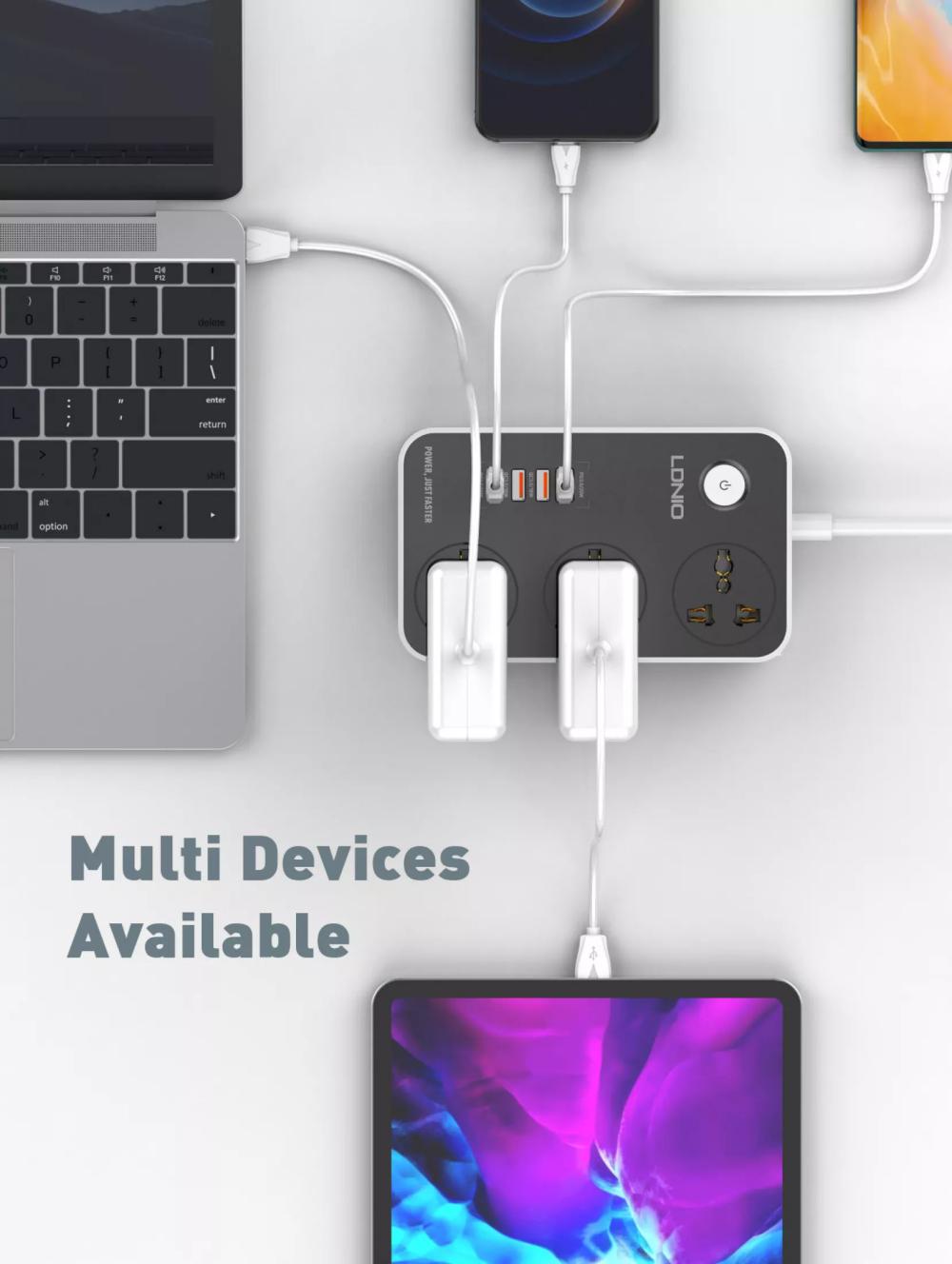 LDNIO SC3412 38W PD20W Power Strip 3 Socket Outlets and 3 QC 3.0 USB