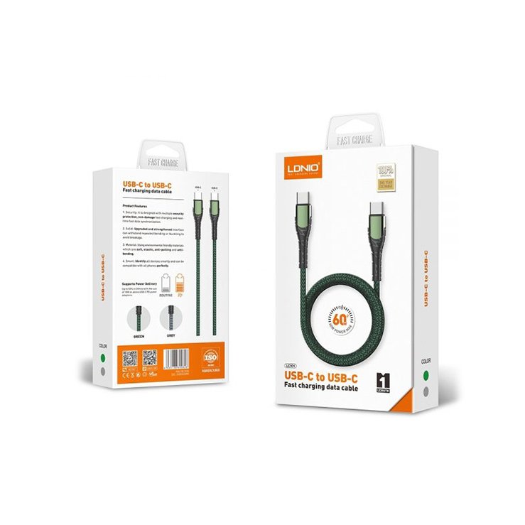 LDNIO LC101 60W Nylon Braided Metal Fast Charging PD Type C to Type C Cable — 1M