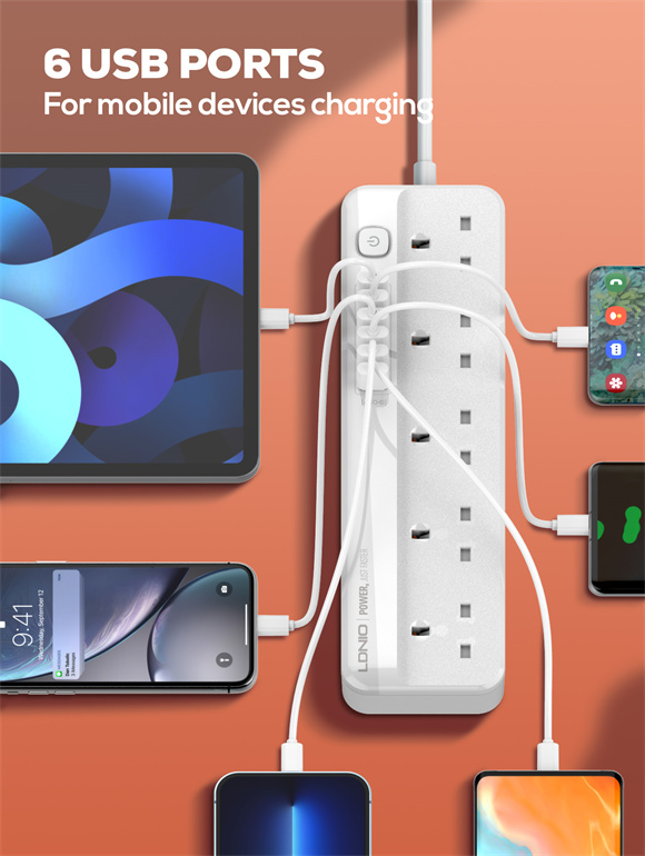 LDNIO SK5691 Fast Charging Power Strip with 5 UK Outlets and 6 USB ports 2M Power Cord Extension Socket