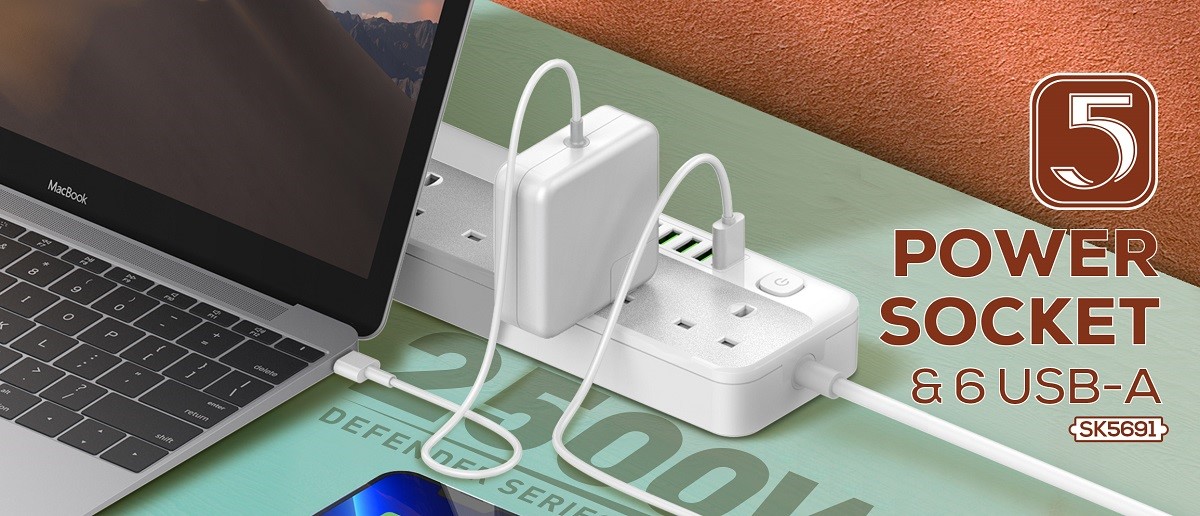 LDNIO SK5691 Fast Charging Power Strip with 5 UK Outlets and 6 USB ports 2M Power Cord Extension Socket