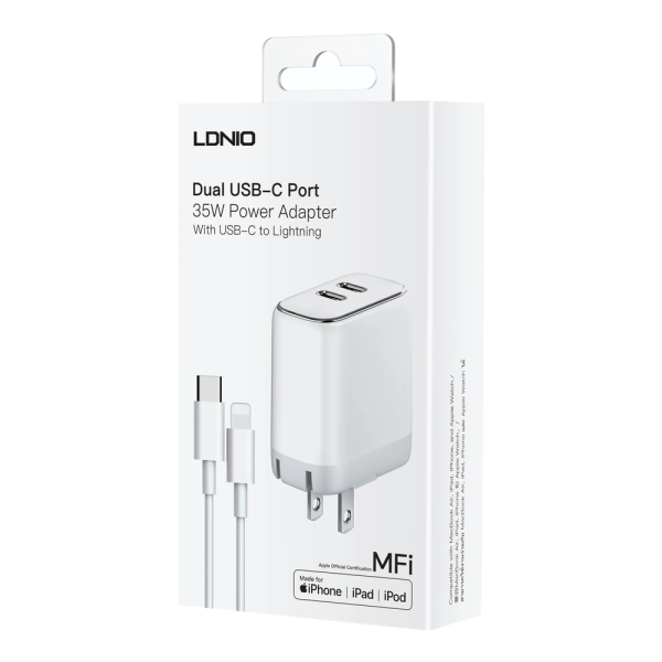 LDNIO A2528M Dual USB-C Port 35W Power Adapter With USB-C To Lightning (MFI Certified)