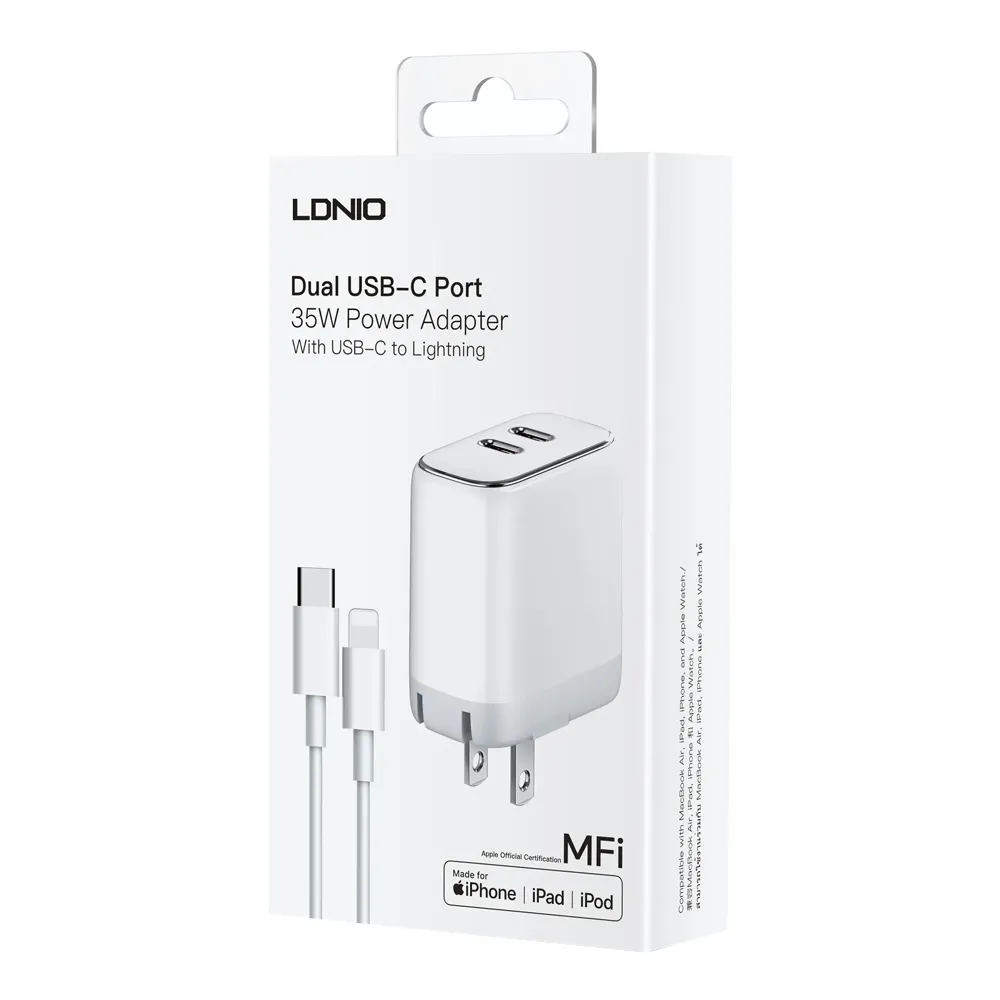 LDNIO A2528M Dual USB-C Port 35W Power Adapter With USB-C To Lightning (MFI Certified) LDNIO A2528M Dual USB-C Port 35W Power Adapter With USB-C To Lightning (MFI Certified)