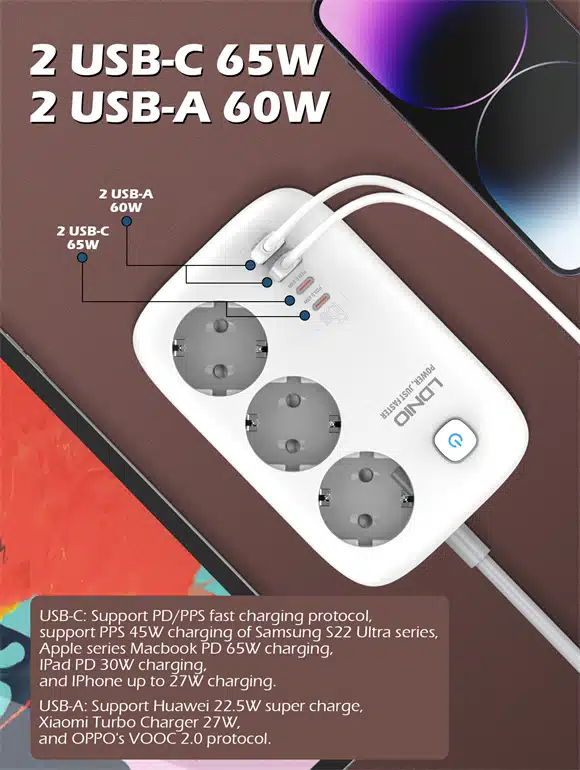 LDNIO SE3436 3 AC Outlets 4 USB Power Strip