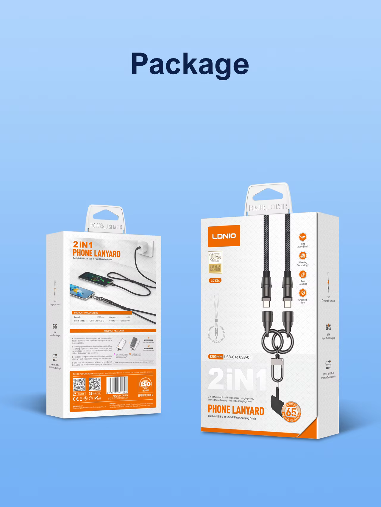 LDNIO LC22C 65W Fast Charging Nylon Lanyard Type-C Data Cable 30CM