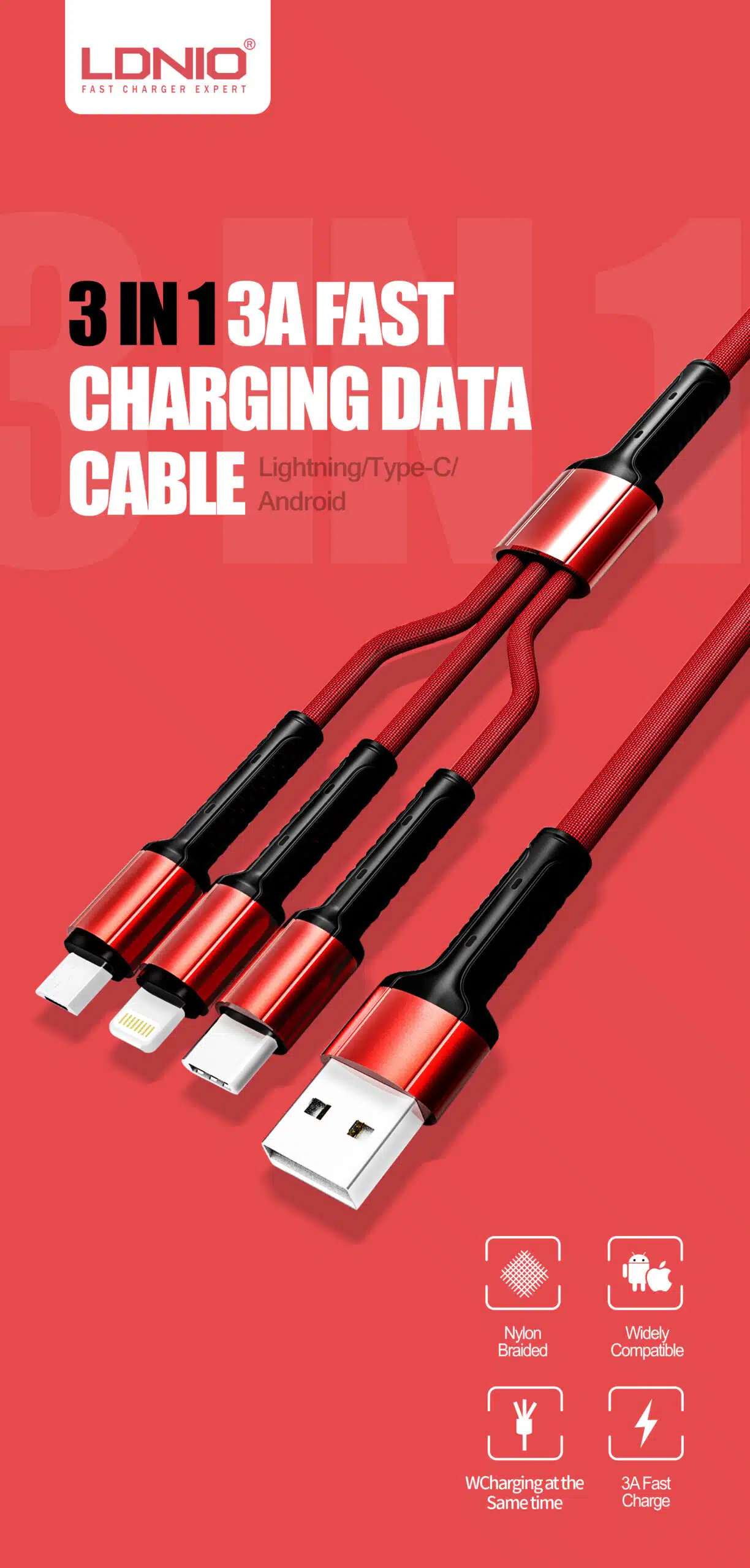 LDNIO LC93 3in1 Cable 3.4A Fast Charging 1.2m (USB To Type-C + Micro + Lightning)