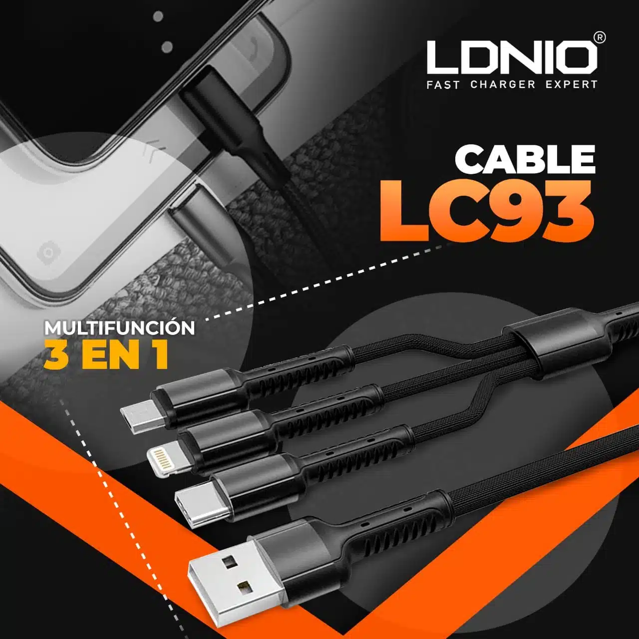 LDNIO LC93 3in1 Cable 3.4A Fast Charging 1.2m (USB To Type-C + Micro + Lightning)