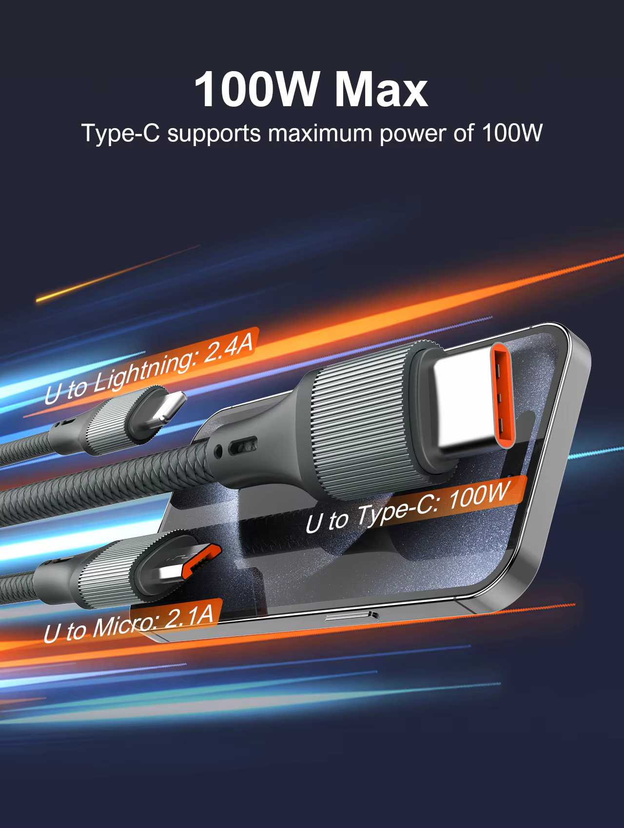 LDNIO LC97U 3-in-1 100W QC Charging 1.2M Nylon Cable
