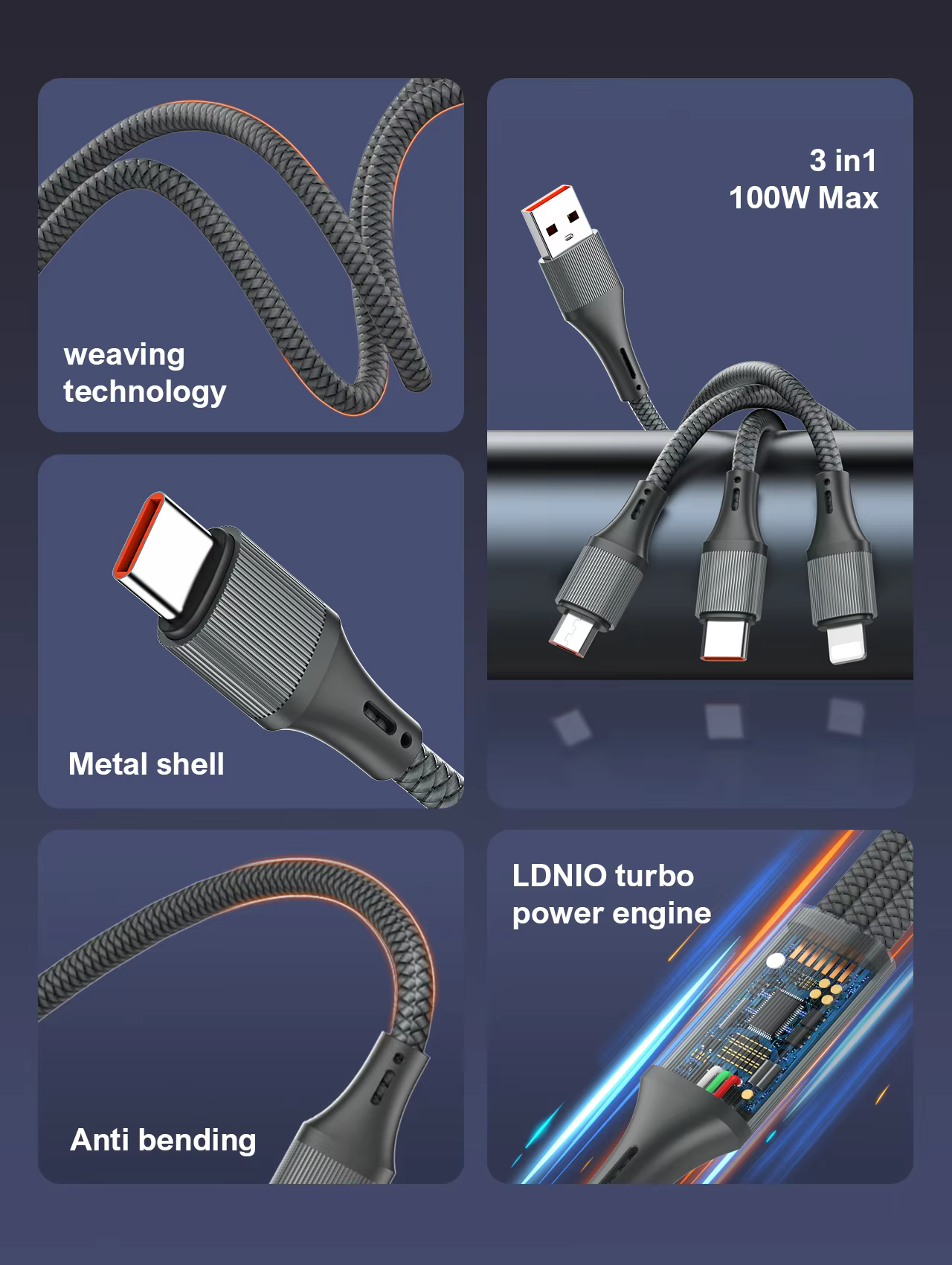 LDNIO LC97U 3-in-1 100W QC Charging 1.2M Nylon Cable