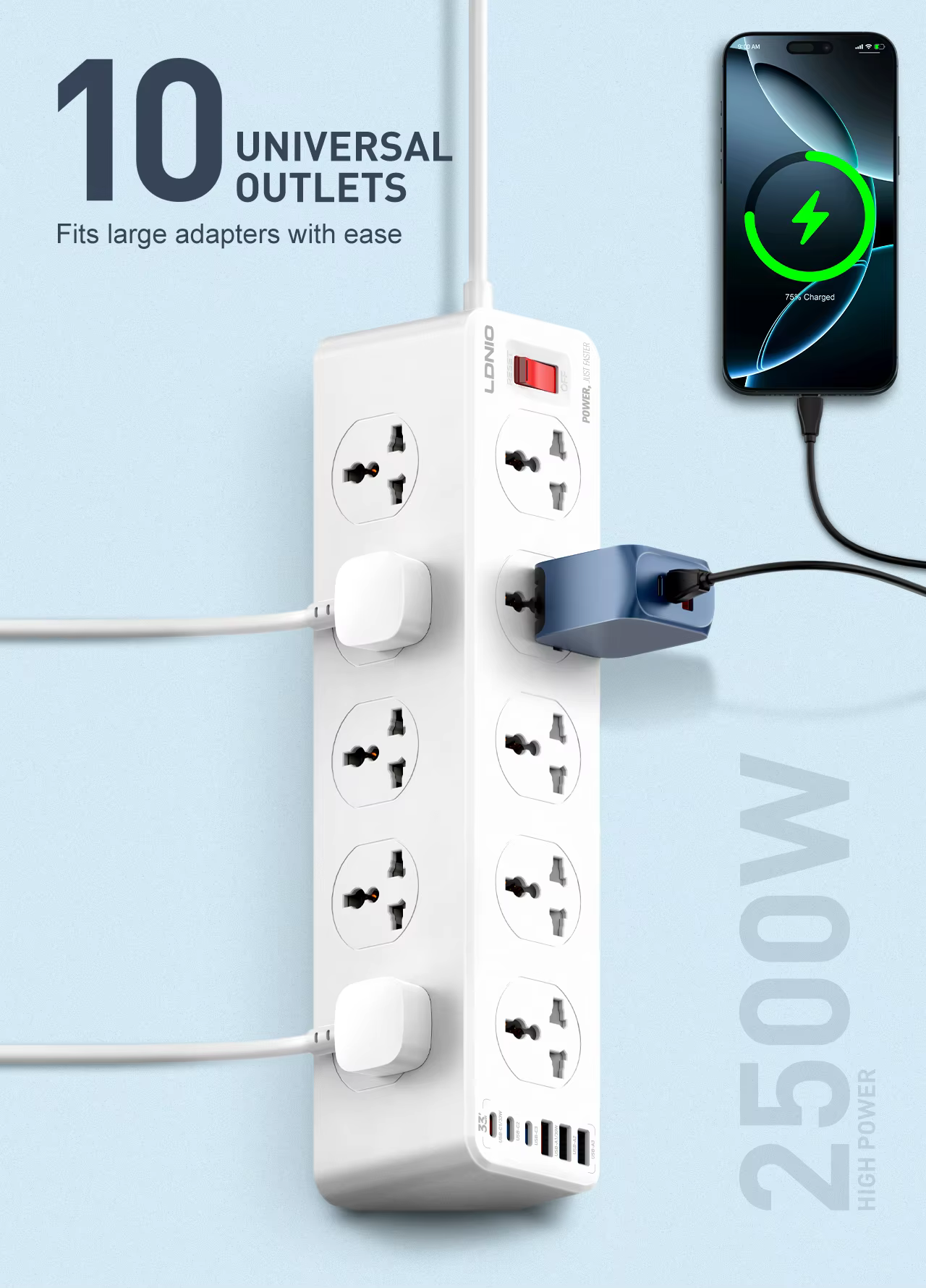 LDNIO SC10610C Power Socket Extension Universal Power Strip With 10 Outlets 2M