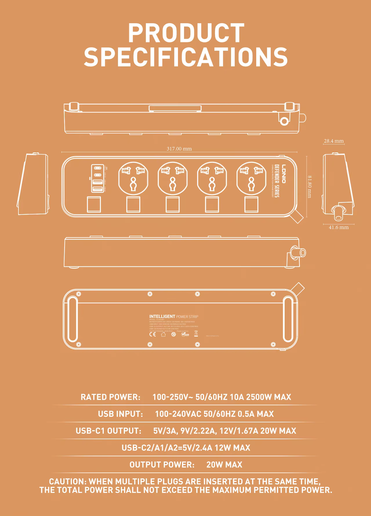LDNIO SC4408C Extension Power Socket 4AC 4USB Power Strip
