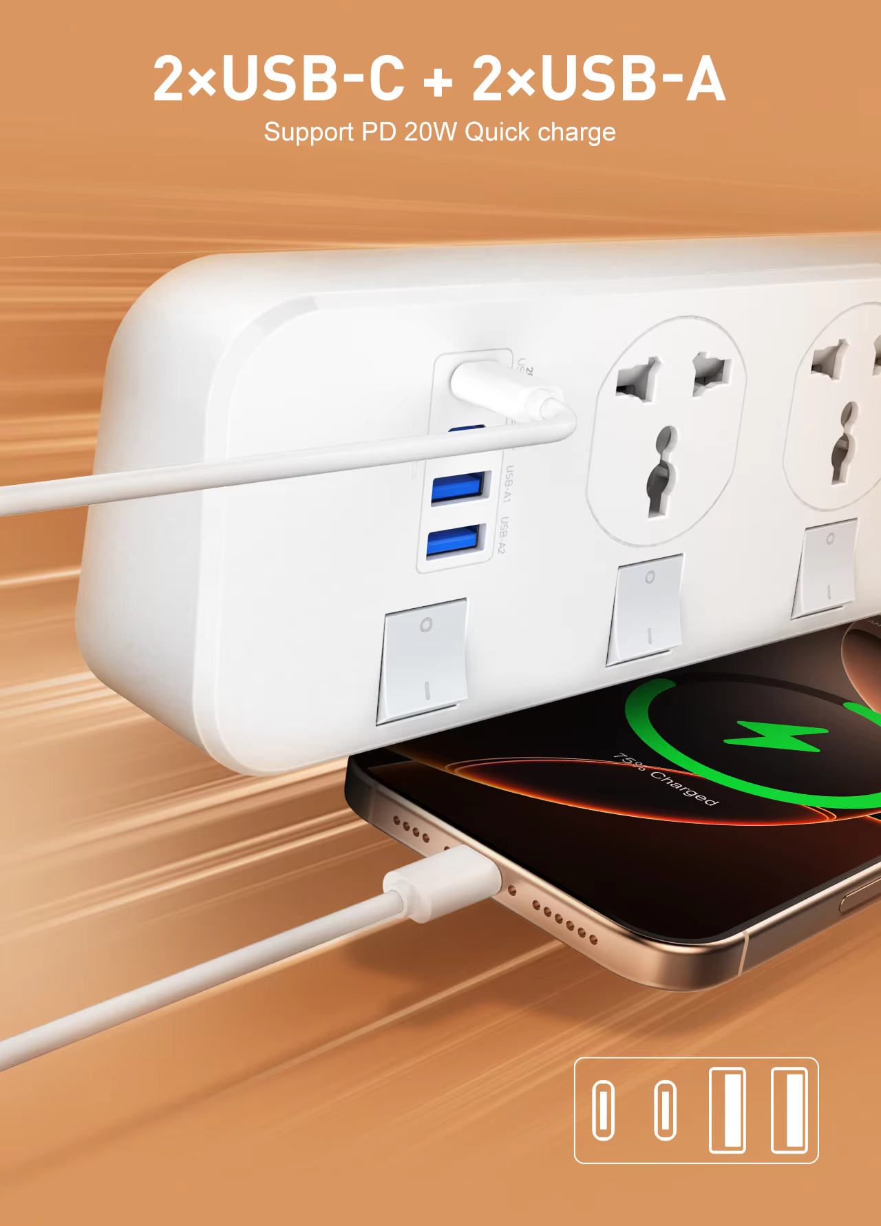 LDNIO SC4408C Extension Power Socket 4AC 4USB Power Strip