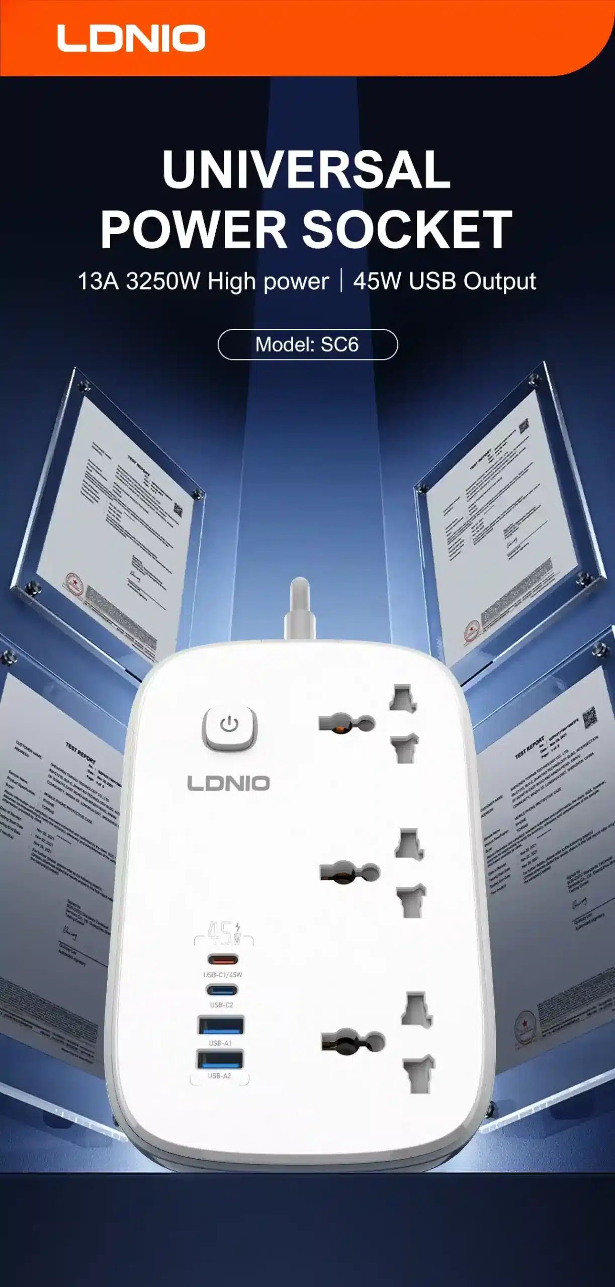 LDNIO SC6 Power Strip with 3 universal sockets and 2 USB-C PD ports on a wooden office desk