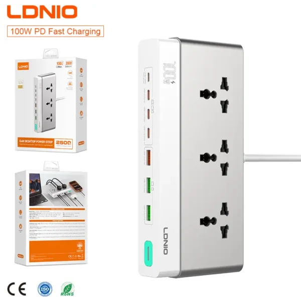 LDNIO 10-in-1 GaN Power Strip SC3 multi device charging station with 3 AC outlets and multiple USB ports