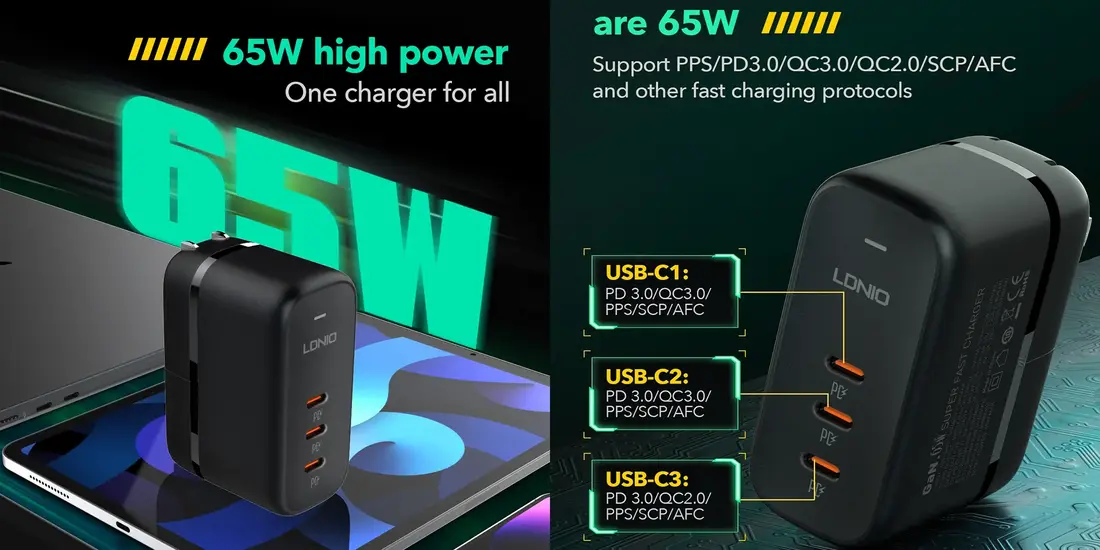 LDNIO Q367 65W GaN charger with three USB-C PD ports and 1m USB-C to USB-C cable for laptop and smartphone fast charging