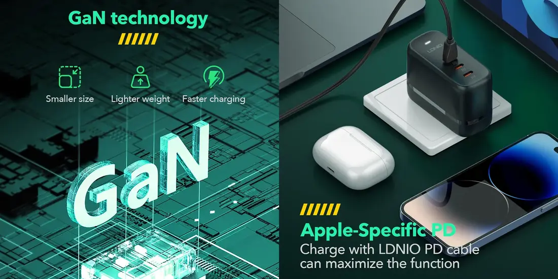 LDNIO Q367 65W GaN fast charger with three Type-C ports, replaceable US EU UK plugs and multi-device charging support