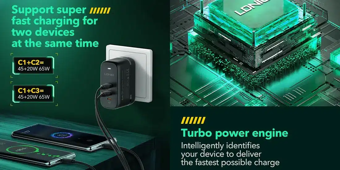 LDNIO Q367 65W GaN Charger with three USB-C PD ports, 65W total output and included 1-meter Type-C to Type-C data cable