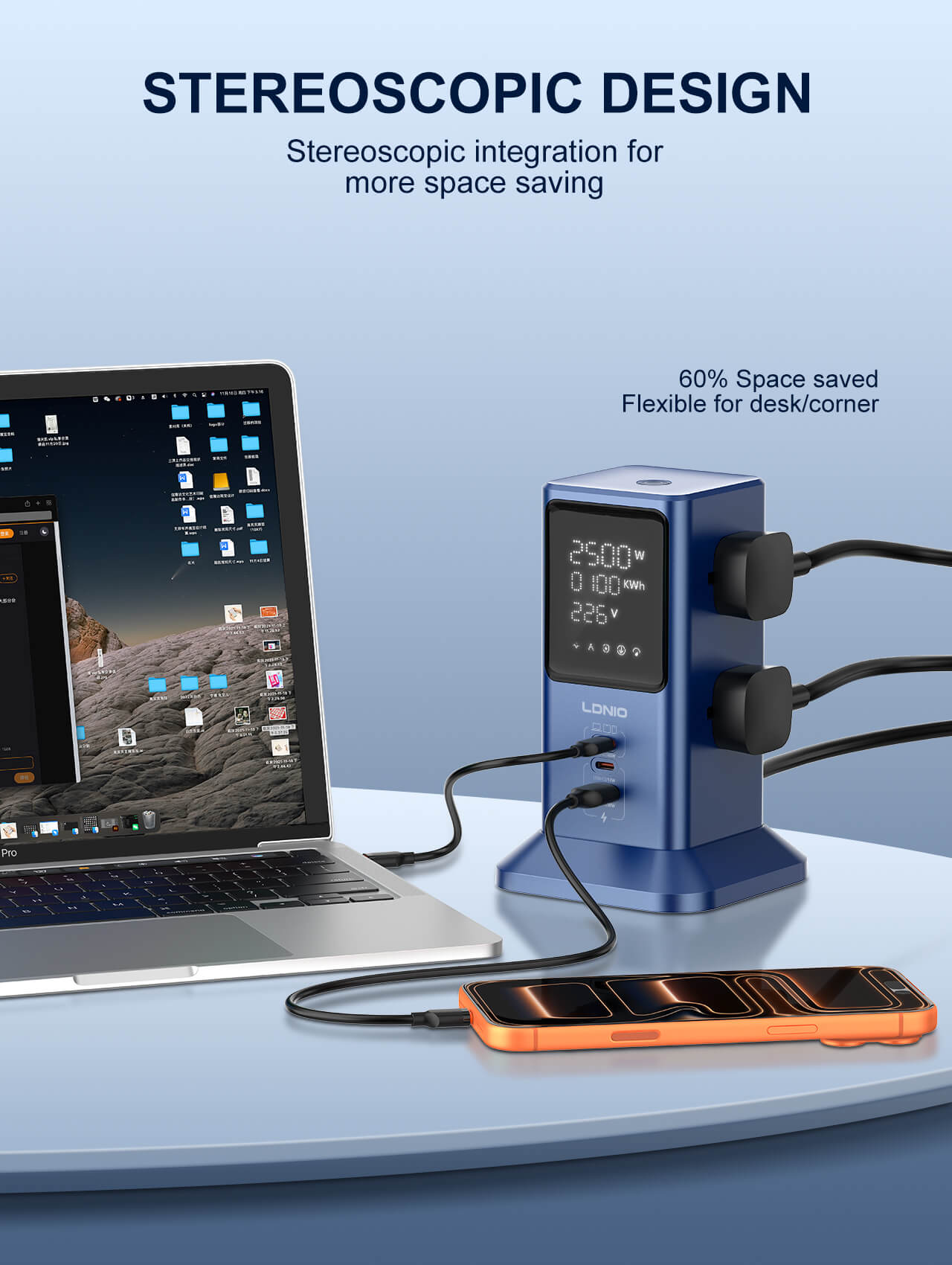 LDNIO SC2-1 45W PD Charger 2500W Universal Power Strip with LED
