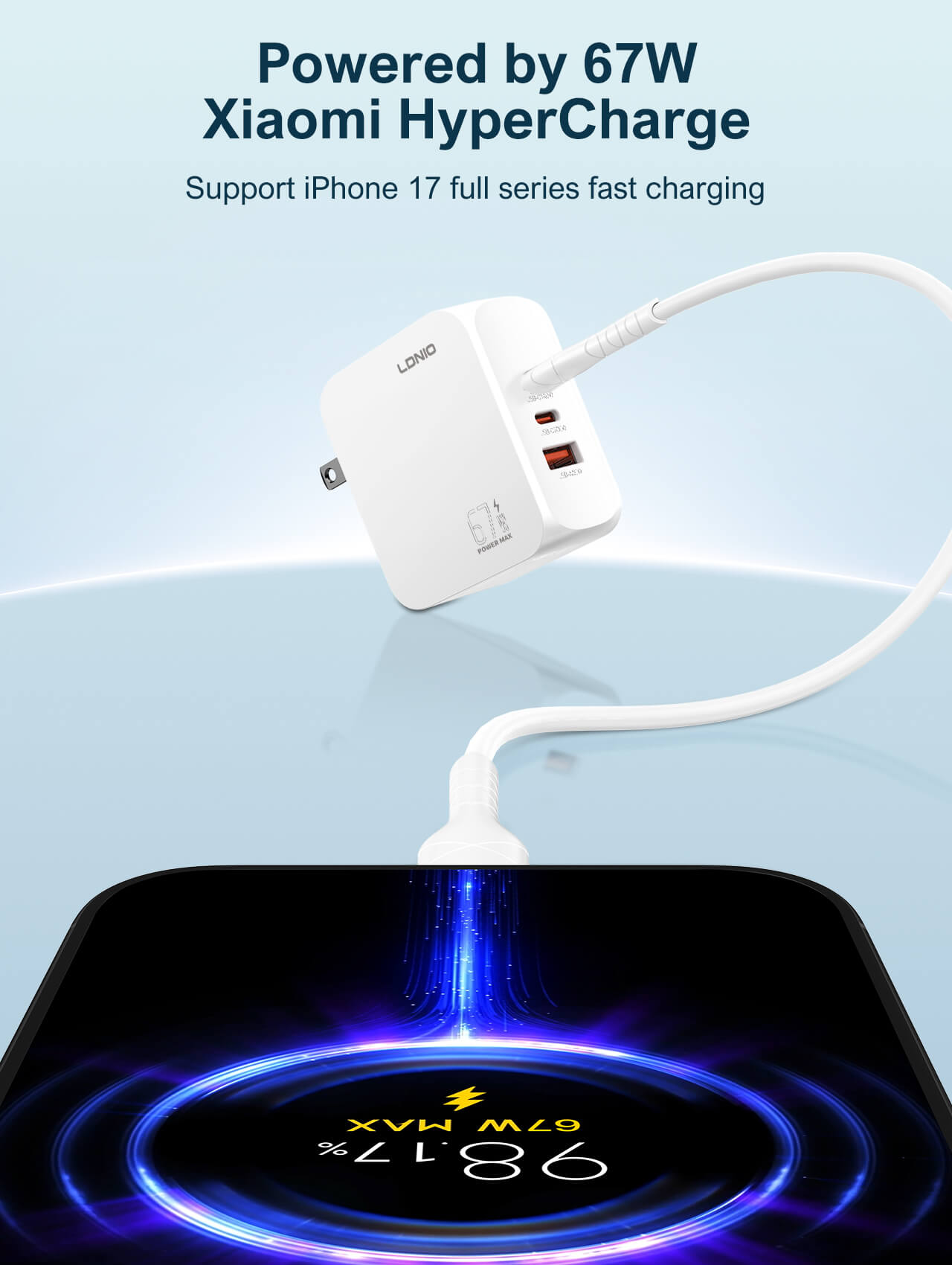 Ldnio Q7-Mi 67W GaN Fast Charger 3-Port USB-C Power Adapter